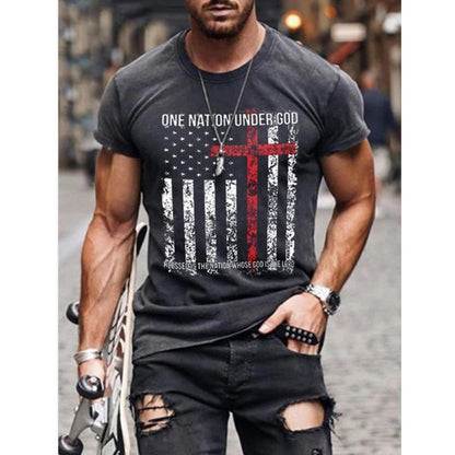 Camiseta de hombre de manga corta con cuello redondo y estampado de letras y bandera