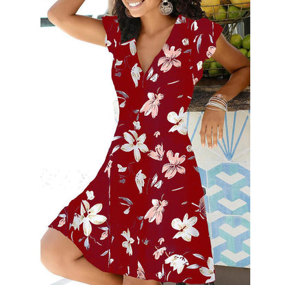 Robe à manches courtes col en V imprimé lys