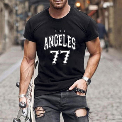 Camiseta de manga corta con cuello redondo y estampado de letras y números para hombre