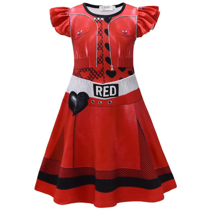 Filles La montée Rouge 4 Robe de princesse Film 2024 Costume rouge avec longue perruque rouge pour fête déguisée