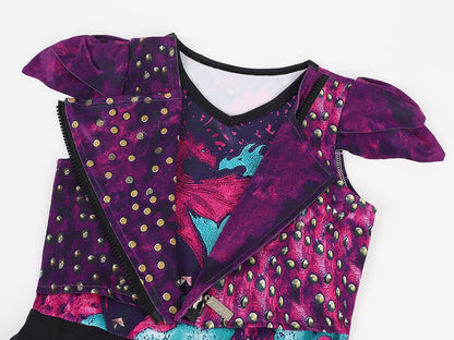 Robe de princesse Mal pour enfant, costume en tulle violet et perruque pour fête