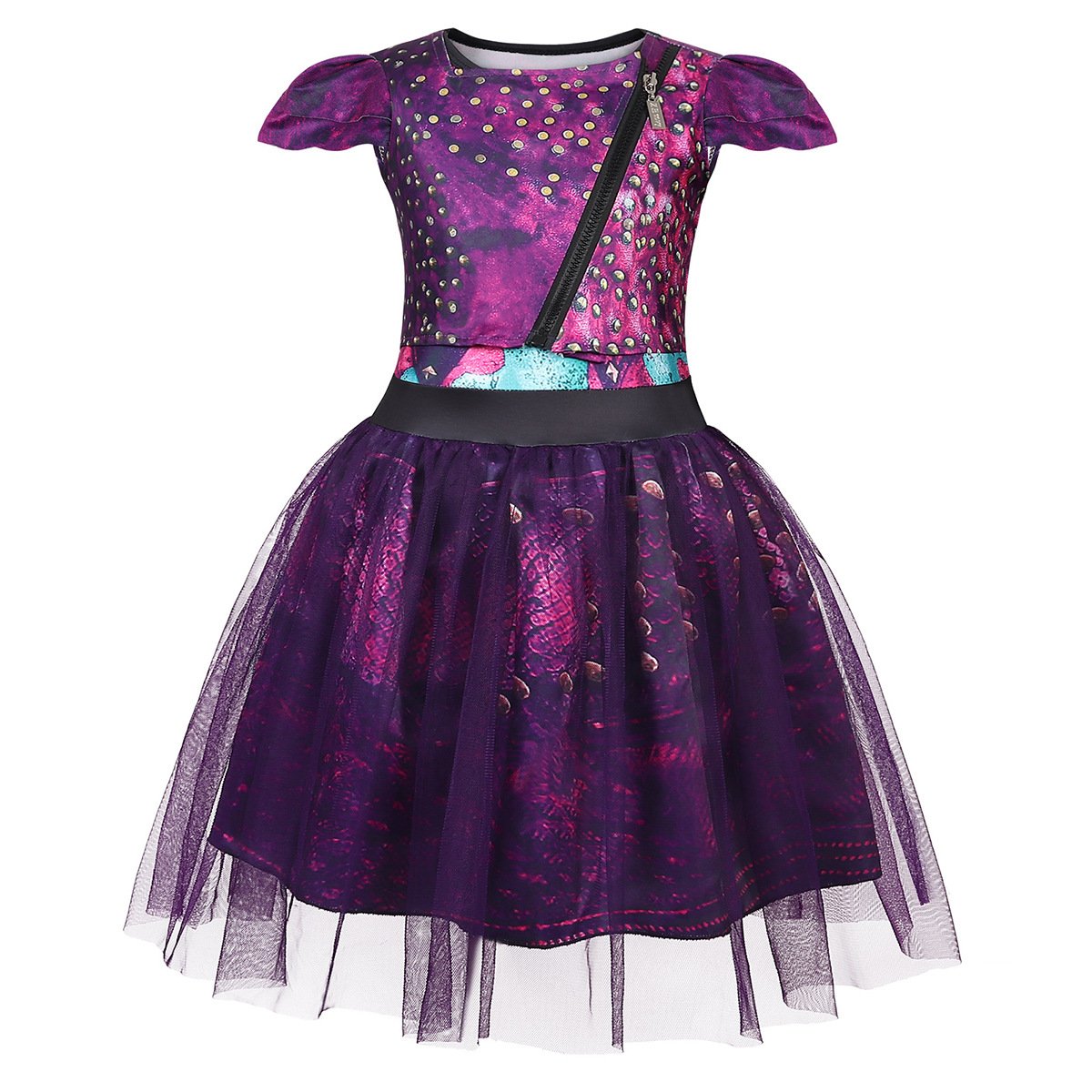 Robe de princesse Mal pour enfant, costume en tulle violet et perruque pour fête