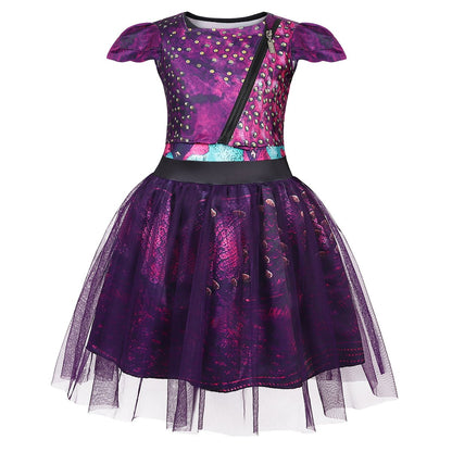 Robe de princesse Mal pour enfant, costume en tulle violet et perruque pour fête