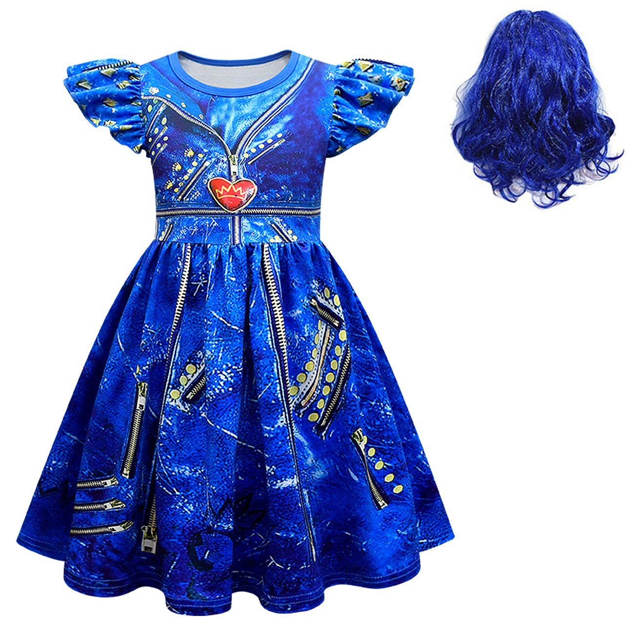 Enfants Robe Évie Princesse Costume Cosplay Perruque Évie Gants et Robe pour Halloween Carnaval