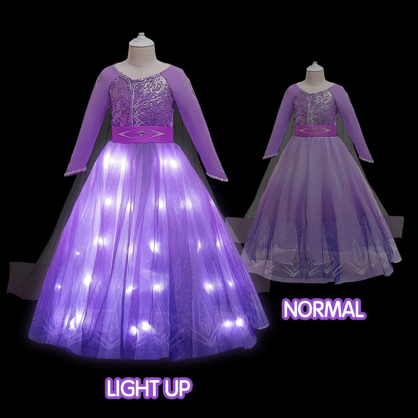 Disfraz de Ana para niñas, vestido de princesa con luces, vestido de cumpleaños con lentejuelas moradas, vestido de fiesta