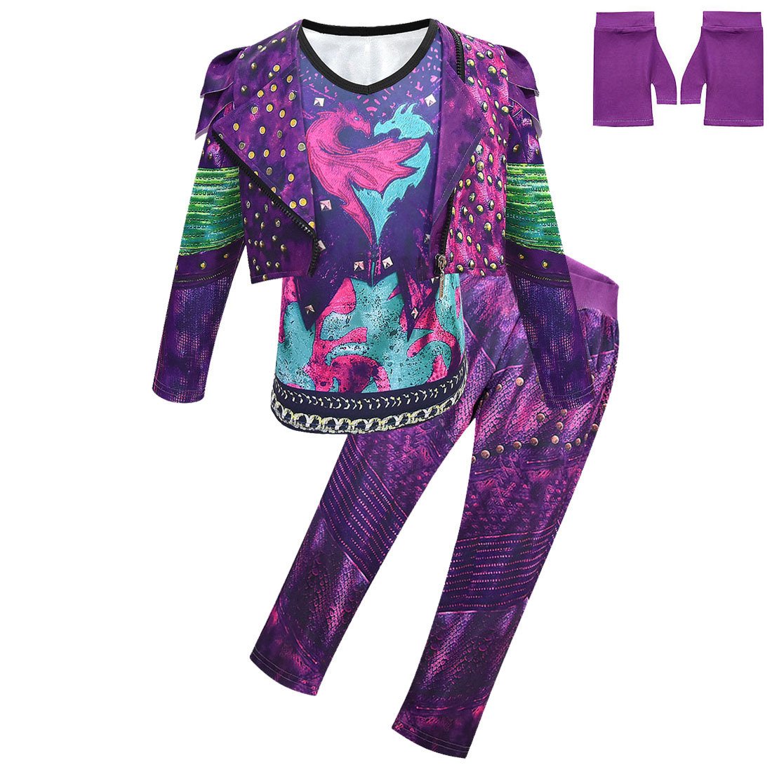 Tenue de reine dragon pour enfants, haut de gilet, pantalon et perruque Mal pour filles, ensemble complet pour Halloween et carnaval