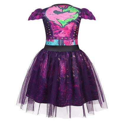 Robe de princesse Mal pour enfant, costume en tulle violet et perruque pour fête