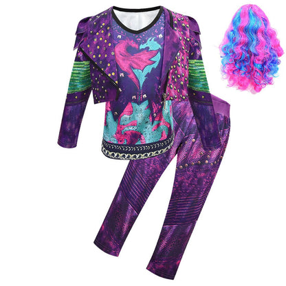 Tenue de reine dragon pour enfants, haut de gilet, pantalon et perruque Mal pour filles, ensemble complet pour Halloween et carnaval