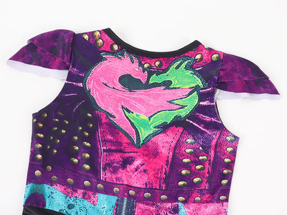 Robe de princesse Mal pour enfant, costume en tulle violet et perruque pour fête