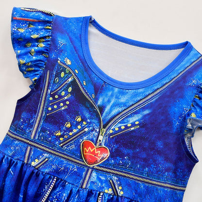 Enfants Robe Évie Princesse Costume Cosplay Perruque Évie Gants et Robe pour Halloween Carnaval