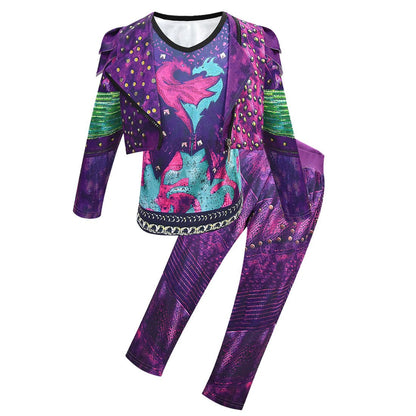 Tenue de reine dragon pour enfants, haut de gilet, pantalon et perruque Mal pour filles, ensemble complet pour Halloween et carnaval