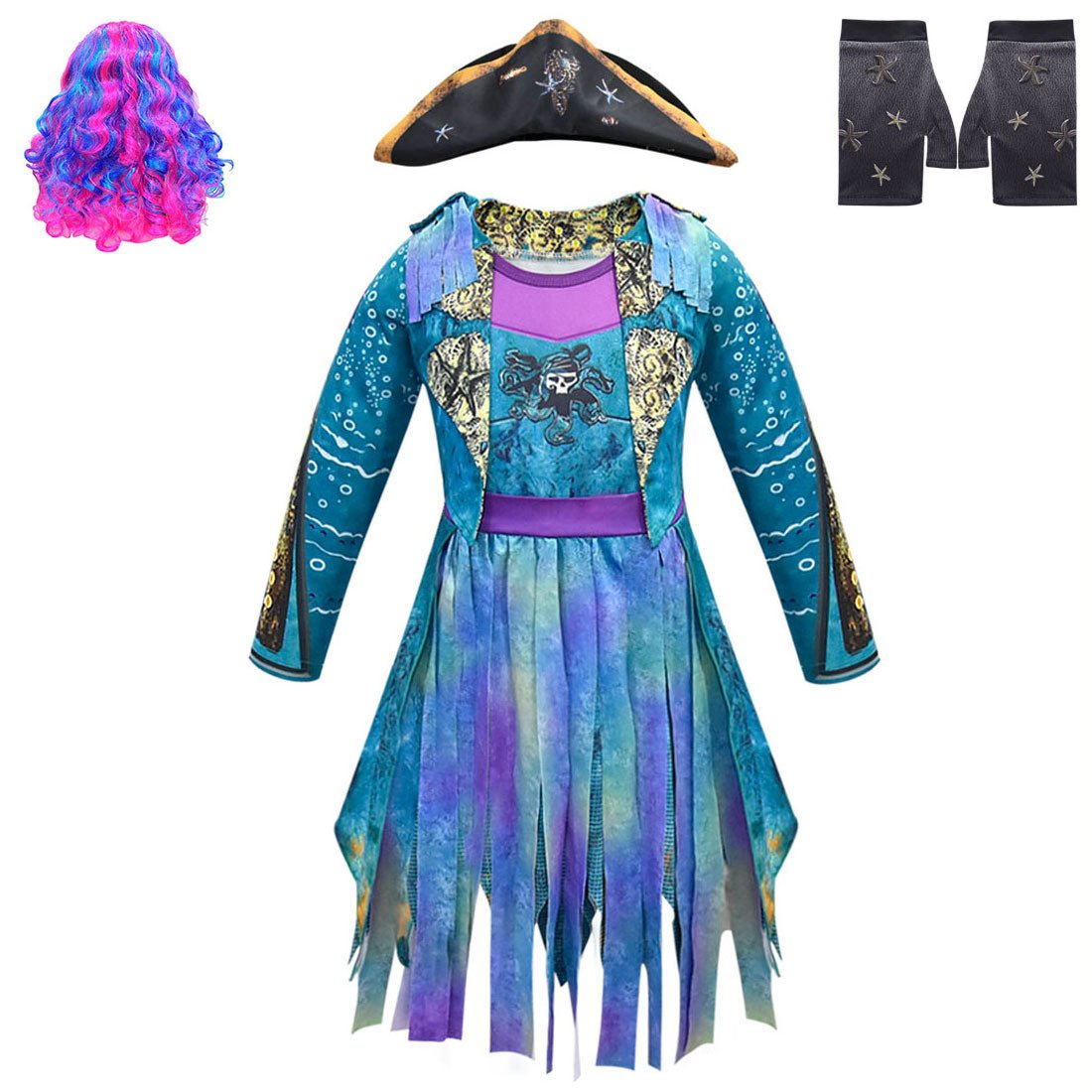 Filles Costume Uma Robe à pampilles Chapeau et Perruque Colorée pour Halloween Cosplay