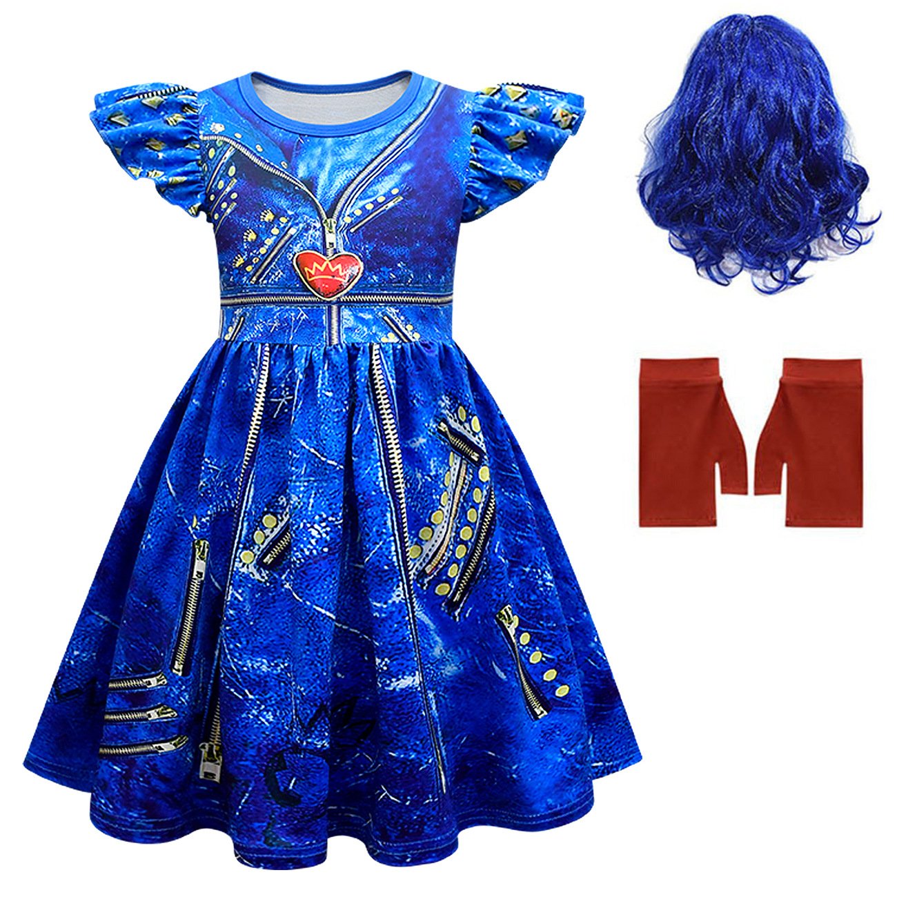 Enfants Robe Évie Princesse Costume Cosplay Perruque Évie Gants et Robe pour Halloween Carnaval