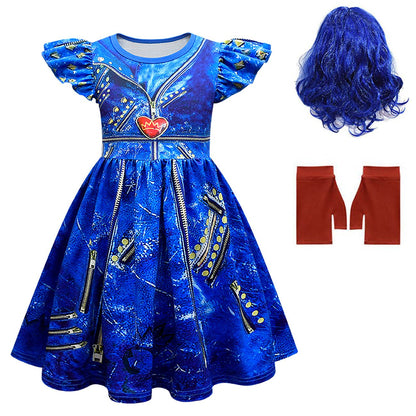 Enfants Robe Évie Princesse Costume Cosplay Perruque Évie Gants et Robe pour Halloween Carnaval