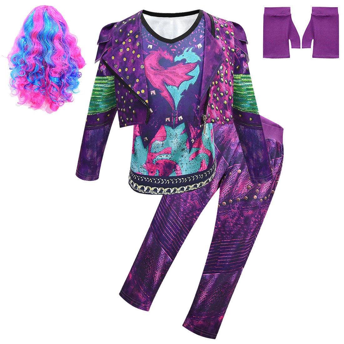 Tenue de reine dragon pour enfants, haut de gilet, pantalon et perruque Mal pour filles, ensemble complet pour Halloween et carnaval