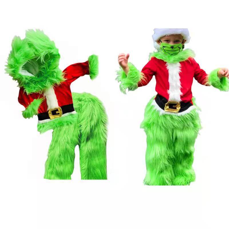 Disfraz de Monstruo Verde de Papá Noel para Niños, Traje de Navidad Peludo con Capucha para Niños y Niñas