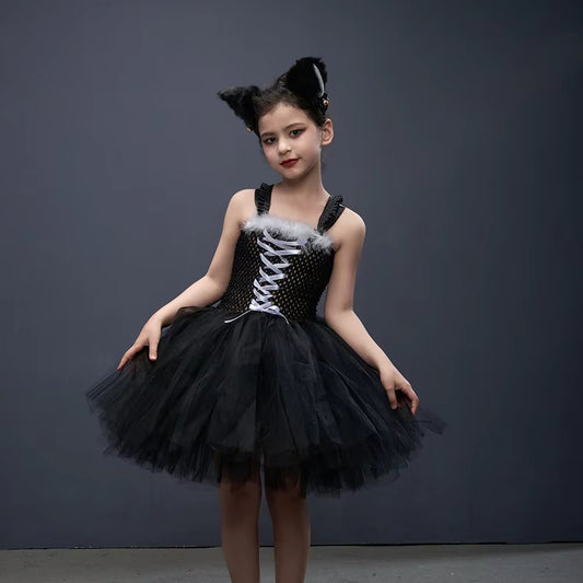 Kids Cat Costume Black Kitty Tutu Dress with Headband Girls Black Cat Costume