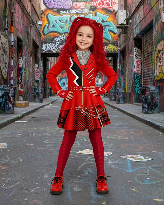 Girls Red Princess Costume 2-in-1 Outfit with Gloves 2pcs Suit for Cosplay Events 4-12Y