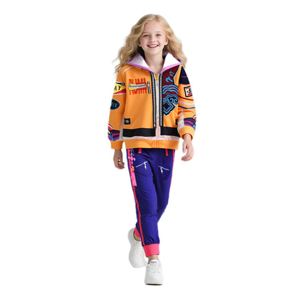Girls Orange Hoodie Pop Star Cosplay Costume Hooded Zip-up Sweatshirt and Pants for Cosplay