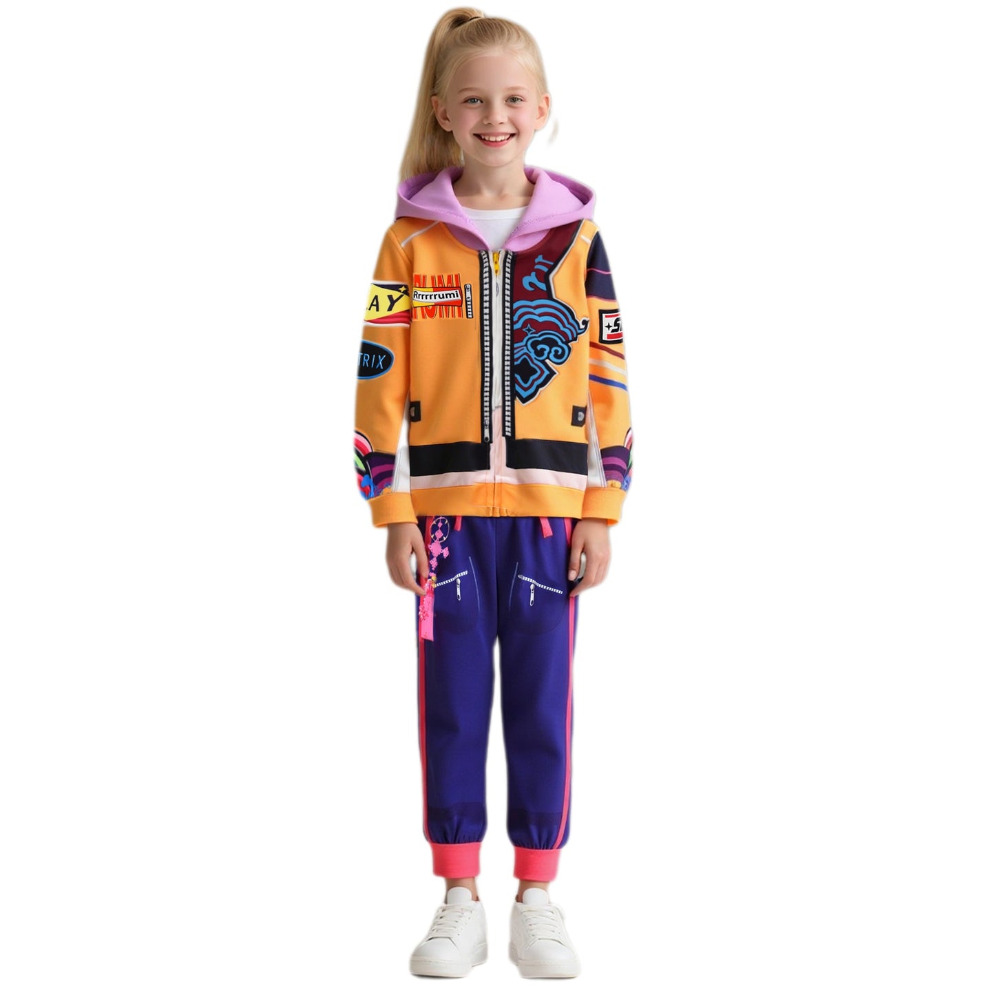 Girls Orange Hoodie Pop Star Cosplay Costume Hooded Zip-up Sweatshirt and Pants for Cosplay