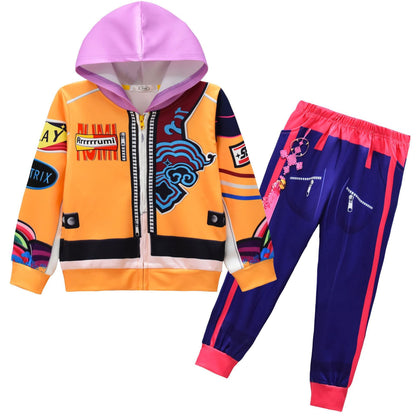 Girls Orange Hoodie Pop Star Cosplay Costume Hooded Zip-up Sweatshirt and Pants for Cosplay