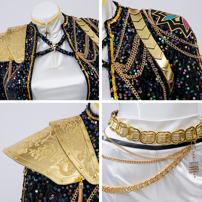 Kids KPop Golden Outfit Rumi Zoey Mira Stage Performance Costume Cosplay Outfit and Wig Set