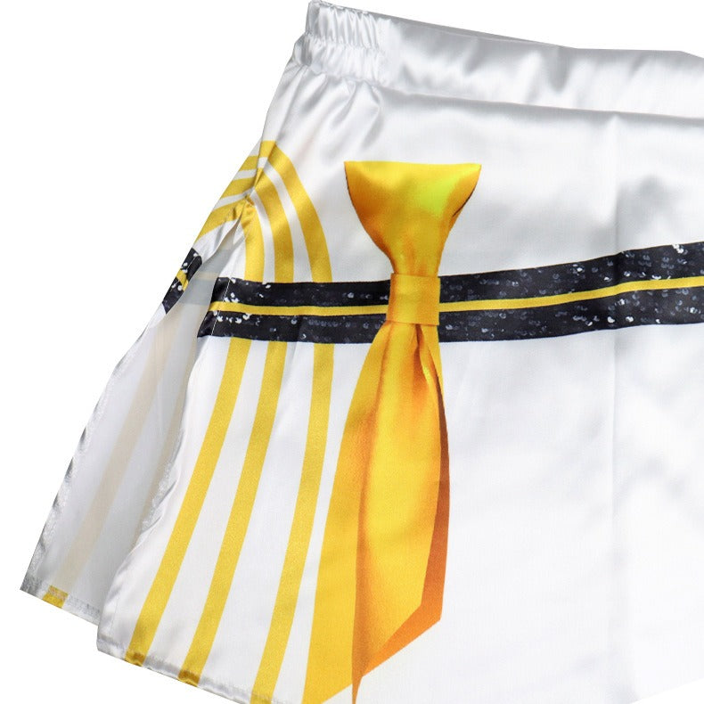 K-Pop Stage Performance Outfit Black & Gold Fringed Crop Top with White Skirt