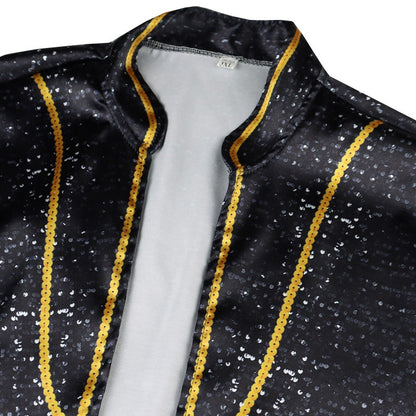 K-Pop Stage Performance Outfit Black & Gold Fringed Crop Top with White Skirt