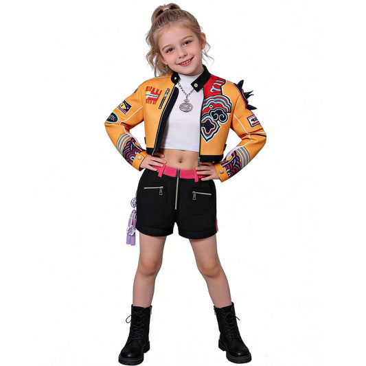 Conjunto completo de disfraz profesional de cazadores de demonios Rumi de KPop de 6 piezas, chaqueta amarilla, pantalones cortos, conjunto completo de lujo