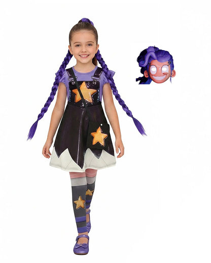 Kids Lily Love Braids Outfit Purple Flutter Sleeves Dress Bag Mask with Leggings