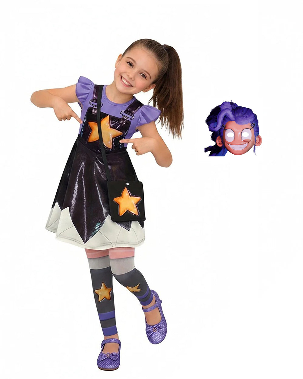 Kids Lily Love Braids Outfit Purple Flutter Sleeves Dress Bag Mask with Leggings