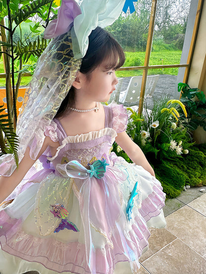Robe de princesse multicouche pour enfants, robe de sirène d'anniversaire avec voile en tulle et nœud