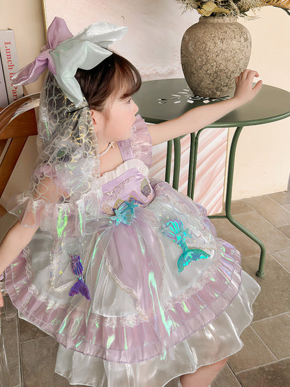 Robe de princesse multicouche pour enfants, robe de sirène d'anniversaire avec voile en tulle et nœud