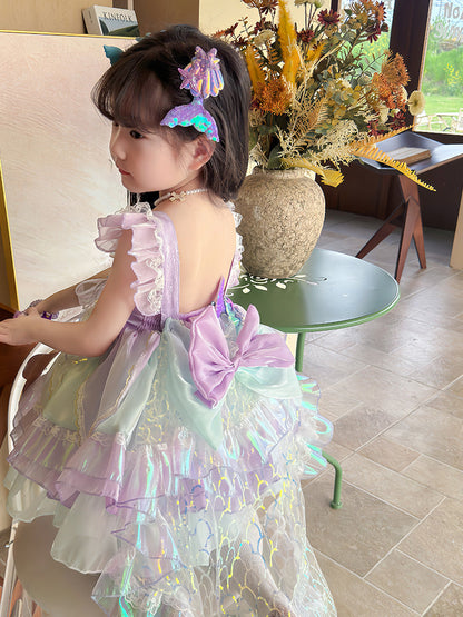 Robe de princesse multicouche pour enfants, robe de sirène d'anniversaire avec voile en tulle et nœud