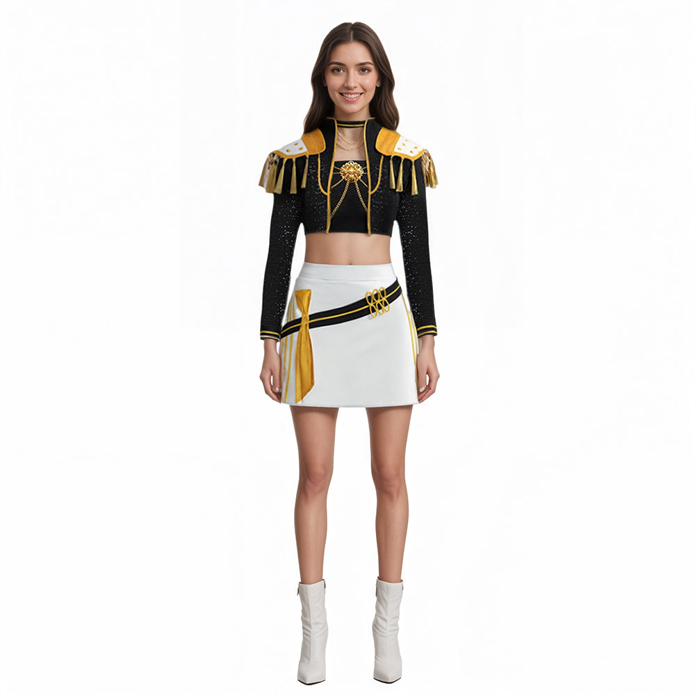 K-Pop Stage Performance Outfit Black & Gold Fringed Crop Top with White Skirt