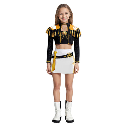 K-Pop Stage Performance Outfit Black & Gold Fringed Crop Top with White Skirt