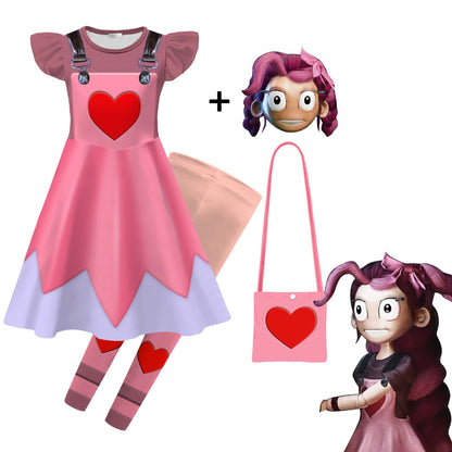 Kids Pink Lily Love Braids Costume Poppy Playtime Cosplay Dress with Matching Leggings and Bag Set for Girls