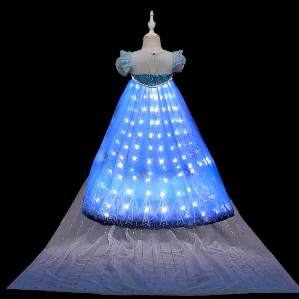 Vestido de princesa de Elsa para niñas, vestido luminoso con copo de nieve y cola, vestido de fiesta de cumpleaños