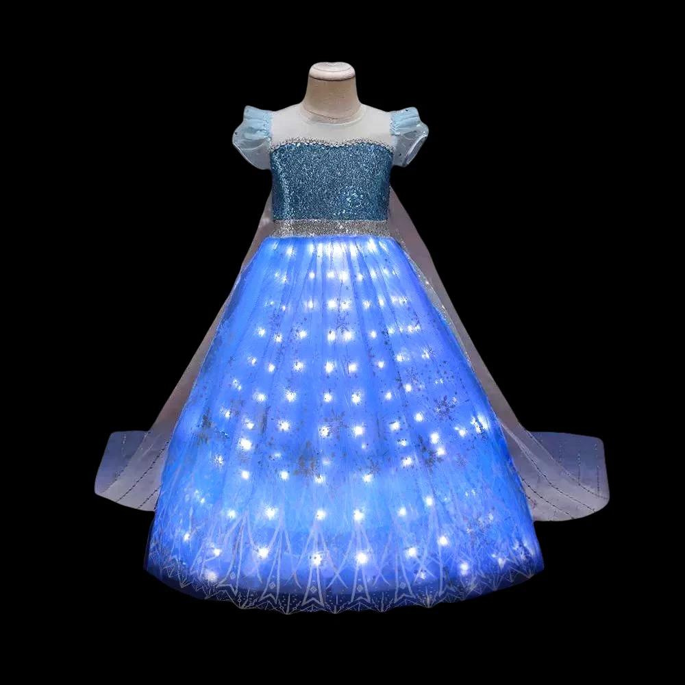 Vestido de princesa de Elsa para niñas, vestido luminoso con copo de nieve y cola, vestido de fiesta de cumpleaños