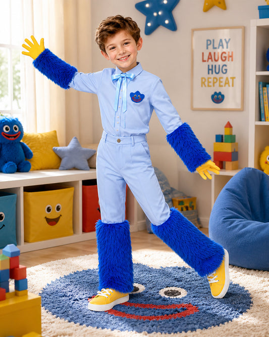 Blue Monster Costume Scary Toy Factory Uniform Set with Fuzzy Cuffs for Kids Adults Themed Party