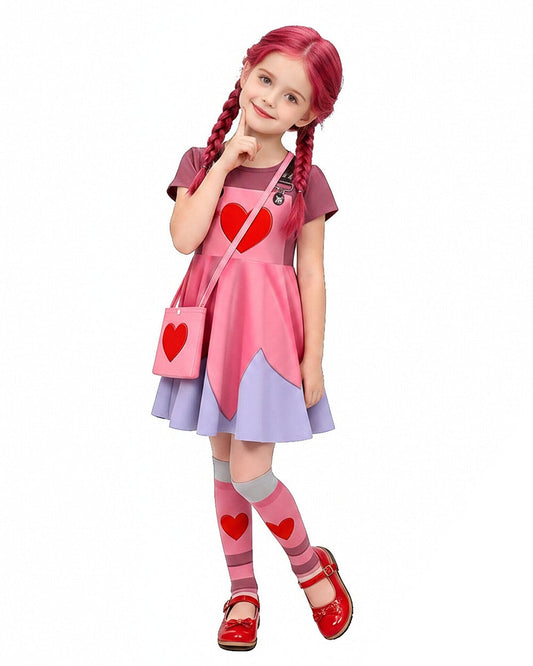 Girls Pink Cartoon Villain Doll Costume Dress with Matching Leggings Shoulder Bag Set for Themed Party