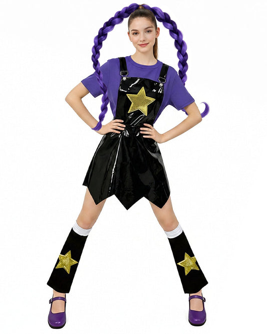 Women Purple Heart Braids Doll Costume PU Leather Dress with T-shirt and Matching Leg Sleeves for Theme Dress Up