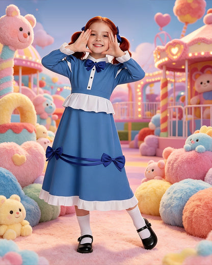Girls The Incredible Doll Costume Blue Maid Dress with Matching Bow Accessories for Halloween Cosplay Theme Parties