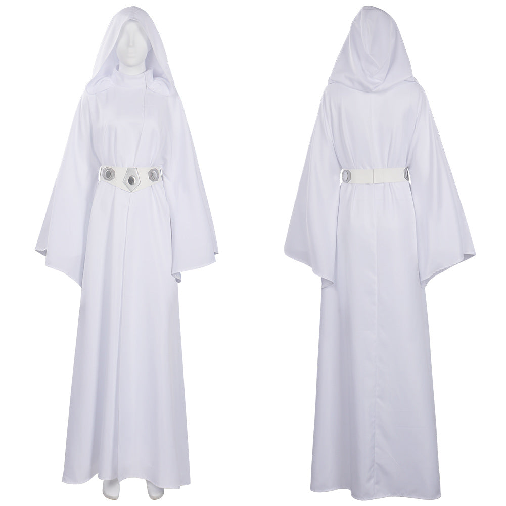 Déguisement Princesse Leia Femme Robe Longue Blanche à Capuche Tenue de Cosplay Leia Organa du Film