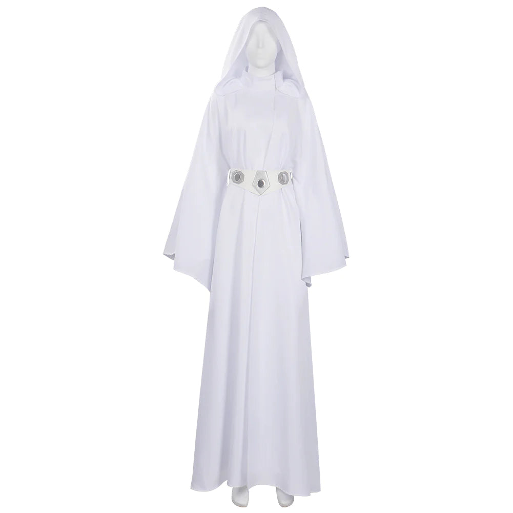 Déguisement Princesse Leia Femme Robe Longue Blanche à Capuche Tenue de Cosplay Leia Organa du Film