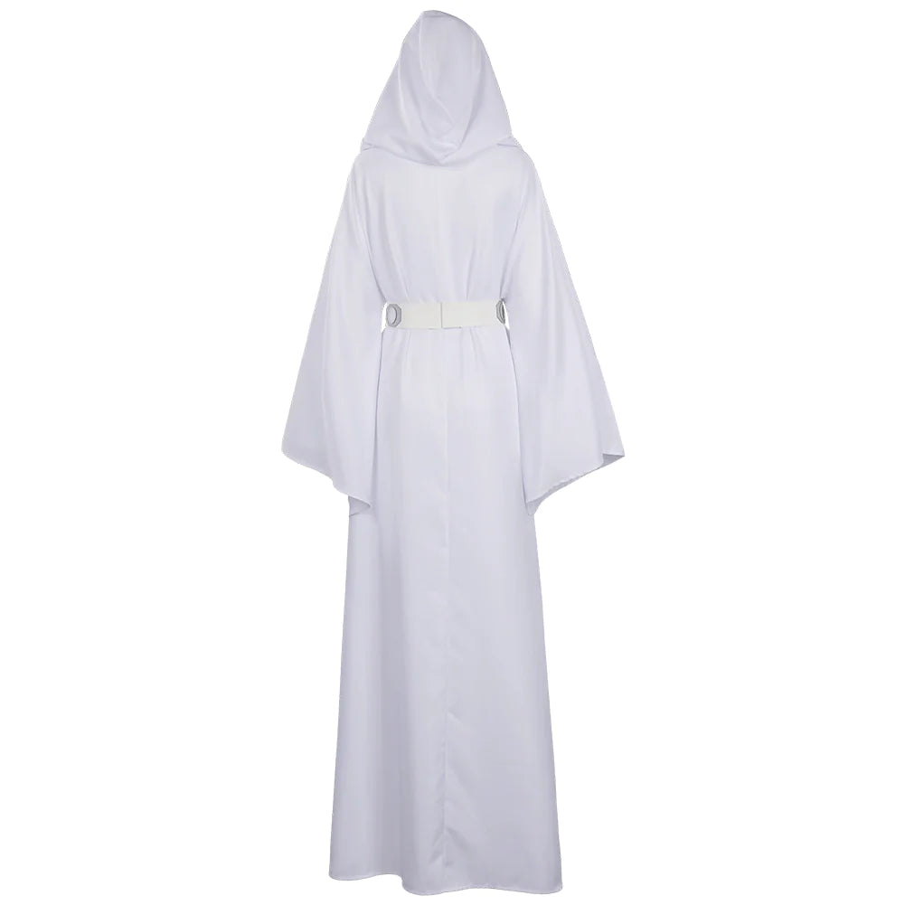 Déguisement Princesse Leia Femme Robe Longue Blanche à Capuche Tenue de Cosplay Leia Organa du Film