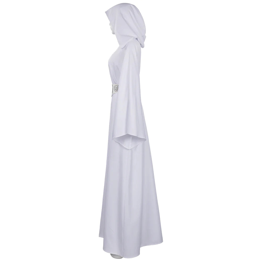 Déguisement Princesse Leia Femme Robe Longue Blanche à Capuche Tenue de Cosplay Leia Organa du Film