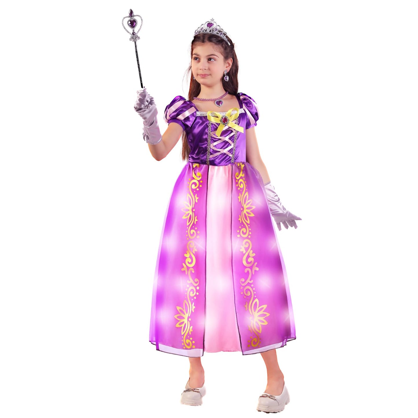 Vestido de princesa iluminado para niñas, vestido de fiesta, disfraz de princesa de pelo largo