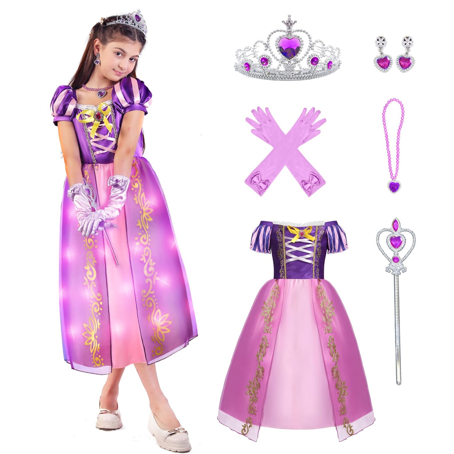 Vestido de princesa iluminado para niñas, vestido de fiesta, disfraz de princesa de pelo largo