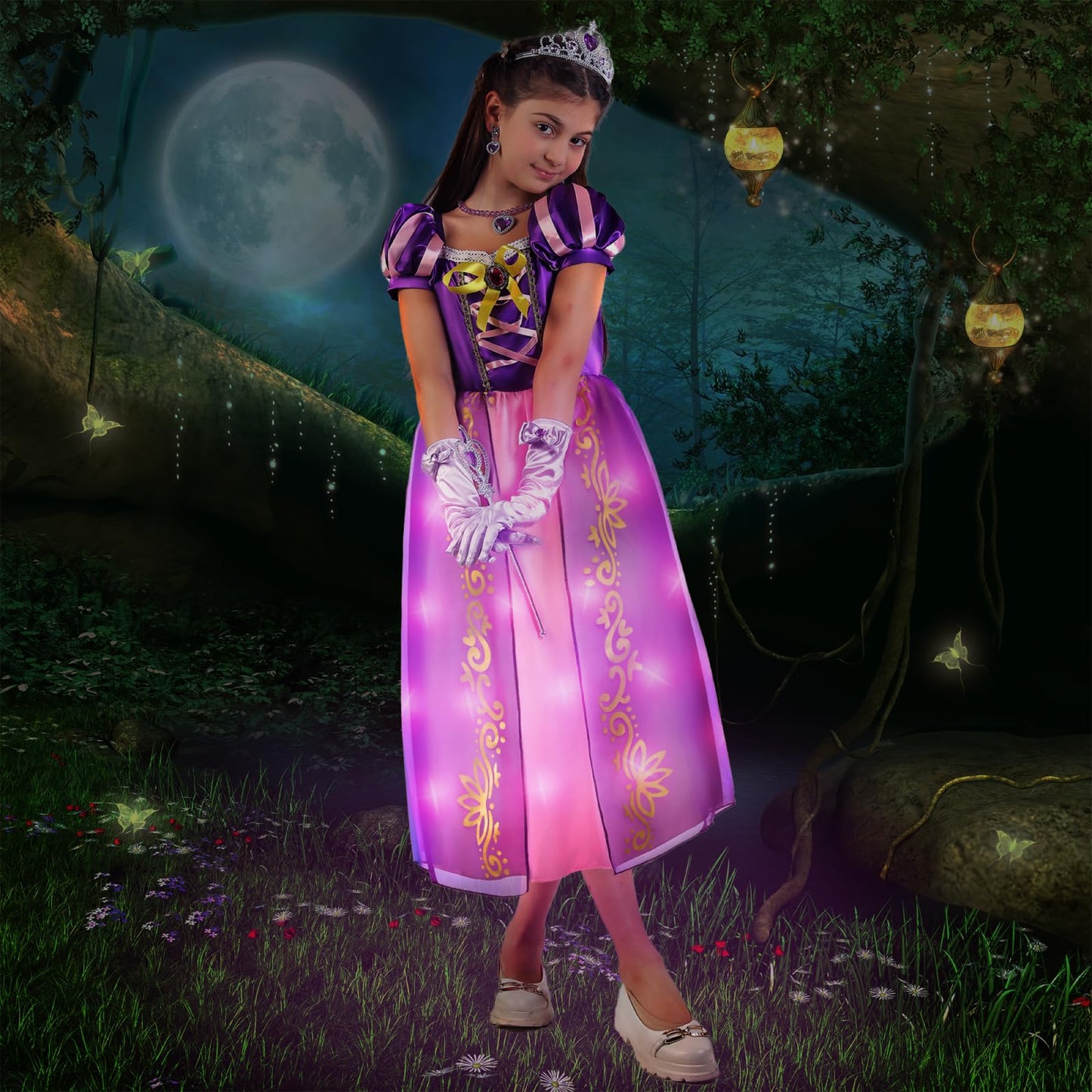 Vestido de princesa iluminado para niñas, vestido de fiesta, disfraz de princesa de pelo largo